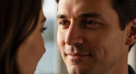 Fototapeta premium A man looks lovingly at a woman, both with soft focus and natural light.