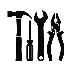 Black and white tools hammer screwdriver wrench and pliers silhouette on white background