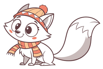 Cartoon arctic fox wears a scarf and hat while sweetly smiling on a white background