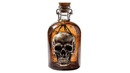 Skull inside a brown potion bottle creates a Halloween spooky or gothic theme Isolated on transparent Background 