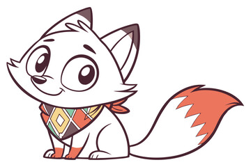 Animated white fox cartoon character cheerfully smiles while wearing a colorful bandana around its neck