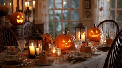 Discover a charming Halloween atmosphere with bright jack-o'-lanterns showcasing warm illumination. Enjoy the decorated dining table adorned with candles, flowers, and antique tableware