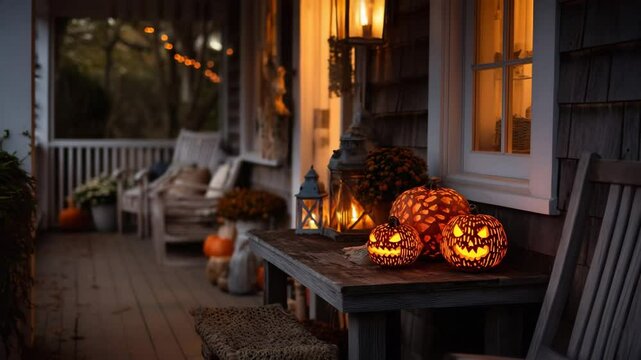 Enjoy a tranquil autumn evening on a porch adorned with beautifully carved pumpkins glowing softly. Warm lantern light complements the seasonal decorations, creating a festive atmosphere