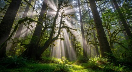 Fototapeta premium Sunbeams in the Old-Growth Forest: Sunbeams pierce the dense canopy of an old-growth forest.