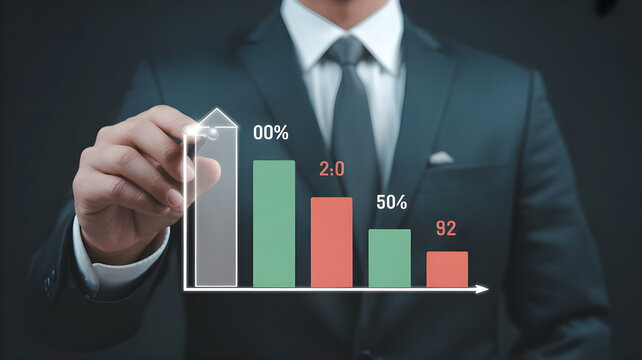 Cost reduction and quality improvement concept with businessman hand pointing at digital chart showing rising quality and declining cost indicators, business strategy for efficiency and productivity.