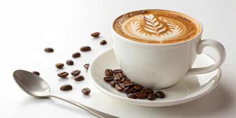 A cup of latte art with coffee beans and a spoon isolated on white background presents a warm and inviting scene