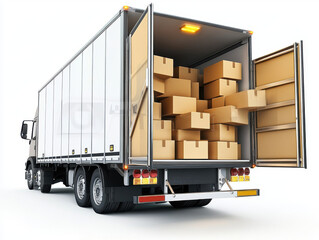 Large delivery truck with open back is filled with numerous cardboard boxes, ready for transportation. truck is parked, showcasing its spacious cargo area