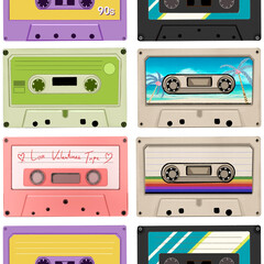 Seamless pattern of vintage music cassette tapes, hand drawn on transparent background.