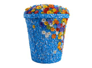 Blue flower pot decorated with colorful daisies, Isolated On Transparent Background, Cut Out