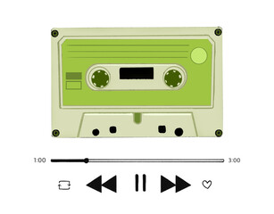 Obraz premium audio green cassette tape vintage sound of music sketch, hand drawn on a transparent background.