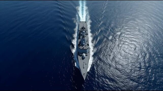 Aerial view of navy ship sailing in the calm blue sea. A modern warship moving forward and leaving behind a trail of white foam at high speed.