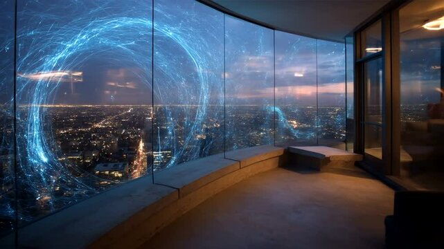 Cityscape view through a modern glass structure with swirling light trails
