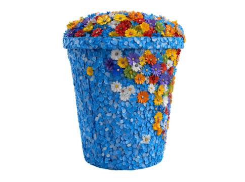 Blue flower pot decorated with colorful daisies, Isolated On Transparent Background, Cut Out - Powered by Adobe