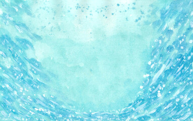 Obraz premium Watercolor painting nature background of blue sea underwater Background. Blue sea waves. Copy space for the text. Hand painted texture style on paper.