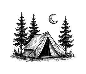 Obraz premium Camping tent with trees and moon in black and white engraving illustration style art