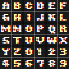 Bold dot alphabet and numbers in vibrant color scheme. Modern vector font design using colorful 3D-style circles on black background. Perfect for games, kids, posters, and digital projects.
