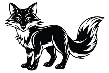 A stylized black fox with thick, fluffy fur stands confidently in a style