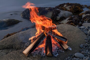 Coastal bonfire on rocky shoreline at dusk