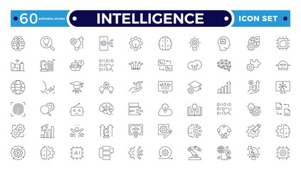 Intelligence Outline icon set. Containing Creative idea, brainstorming, solution, thinking, innovation and more. Editable stroke outline icon.
