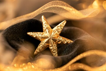 Gold star ornament on black fabric with gold accents