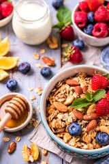 Honey glazed oatmeal, nut and flax seeds granola in a ceramic bowl with honey