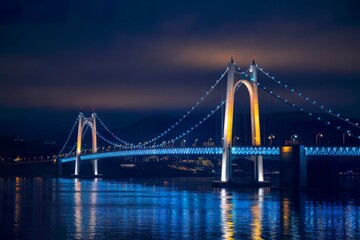 Illuminated suspension bridge at night in geoje island