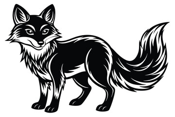 A sleek, stylish black fox illustration stands on a white background