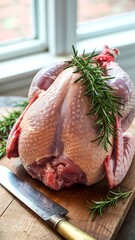 Raw whole chicken with rosemary on wooden board