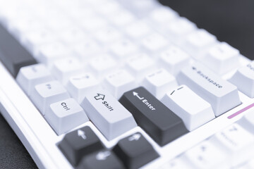 Modern keyboard photographic close-up, detail shot for tech websites, UI element inspiration and...