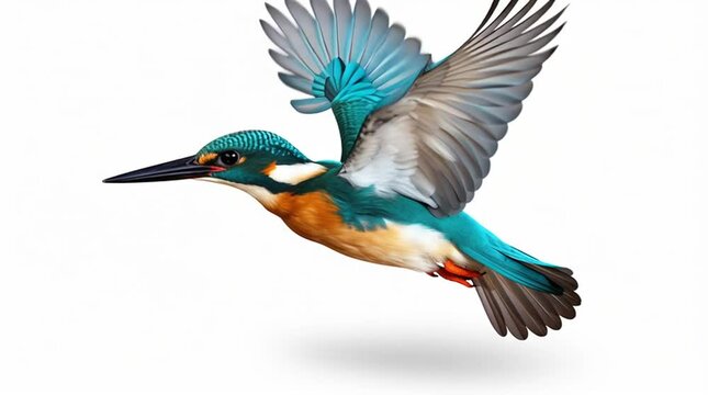 Elegant kingfisher bird in flight with smooth wing motion isolated on bright white backdrop

