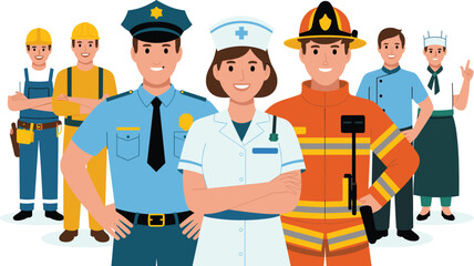 Diverse group of essential workers and professionals including police, nurse, firefighter, chef, and construction workers, representing community service and various occupations.