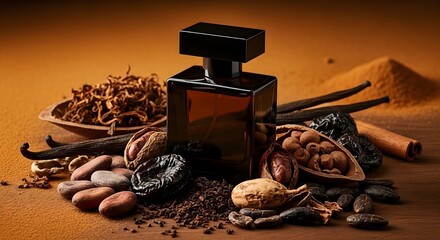A dark, rectangular perfume bottle surrounded by natural aromatic ingredients, evoking rich, sensual, and complex fragrance notes for luxury product promotion and perfumery.