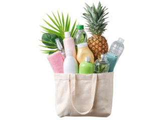 Tote bag filled with summer essentials tropical fruits and beauty products, Isolated On Transparent Background, Cut Out