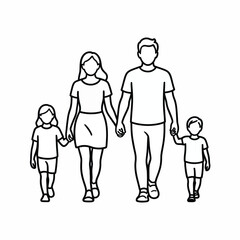 Family of Four Walking Together Holding Hands Black Outline Illustration