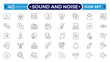 Sound and Noise Outline icon set. Sound waves, Equalizer, Audio waves, Radio signal, Music. Recording. Editable stroke outline icon.
