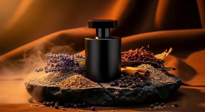 A sleek black perfume bottle with various natural ingredients on a dark stone slab, ideal for conveying natural fragrance concepts, artisanal perfumery, and luxury organic products
