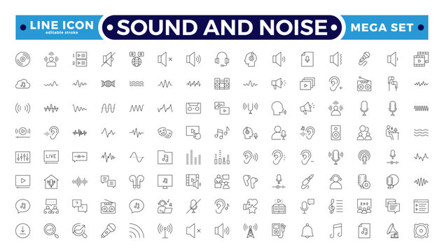 Sound and Noise Outline icon set. Sound waves, Equalizer, Audio waves, Radio signal, Music. Recording. Editable stroke outline icon.
