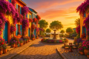 Fototapeta premium Charming mediterranean village square with colorful flowers at sunset