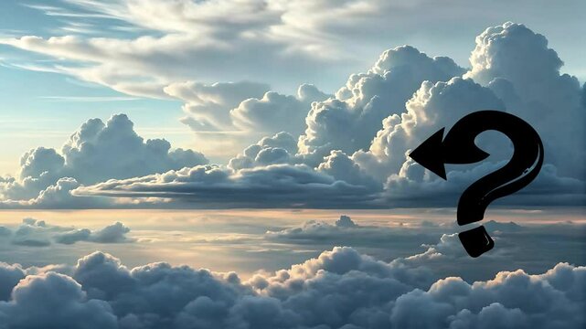 Symbolic Question Mark With Arrow Key Floating On Cloud Depicts Confusion And Direction In Virtual Environment