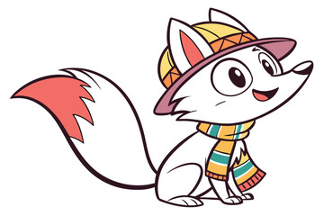 Cute fox cartoon character smiles, wearing colorful scarf and stylish hat cheerfully
