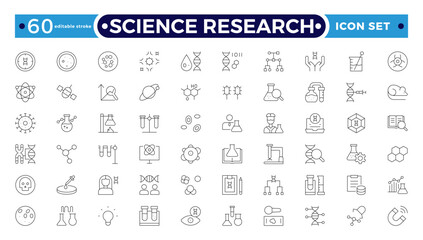 Scientific research and science Outline icon collection. Laboratory. Chemical experience and experiment. Molecule and atom.  Editable stroke outline icon.
