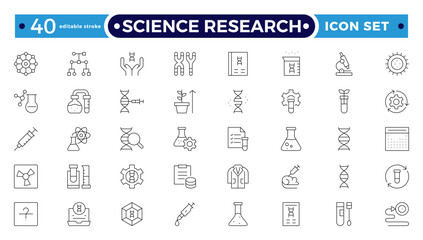 Scientific research and science Outline icon collection. Laboratory. Chemical experience and experiment. Molecule and atom.  Editable stroke outline icon.
