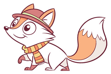 Smiling cartoon fox with a hat and scarf is walking happily along
