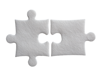 Two white puzzle pieces interlocking against black background, Isolated On Transparent Background, Cut Out