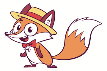 Cartoon fox happily wears a yellow hat and a cute red bow tie
