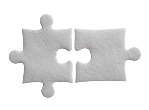Two white puzzle pieces interlocking against black background, Isolated On Transparent Background, Cut Out
