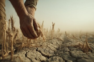Cracked soil farm fields, farmer holding dry wheat, brown yellow sky with dust haze, dead crops around.