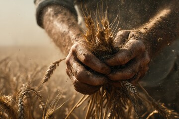 Cracked soil farm fields, farmer holding dry wheat, brown yellow sky with dust haze, dead crops around.
