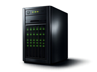 Fototapeta premium High-capacity network storage server with LED indicators and black design Isolyate on transparent background