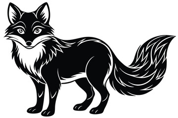 Elegant black silhouette fox stands gracefully in side view with distinctive white markings